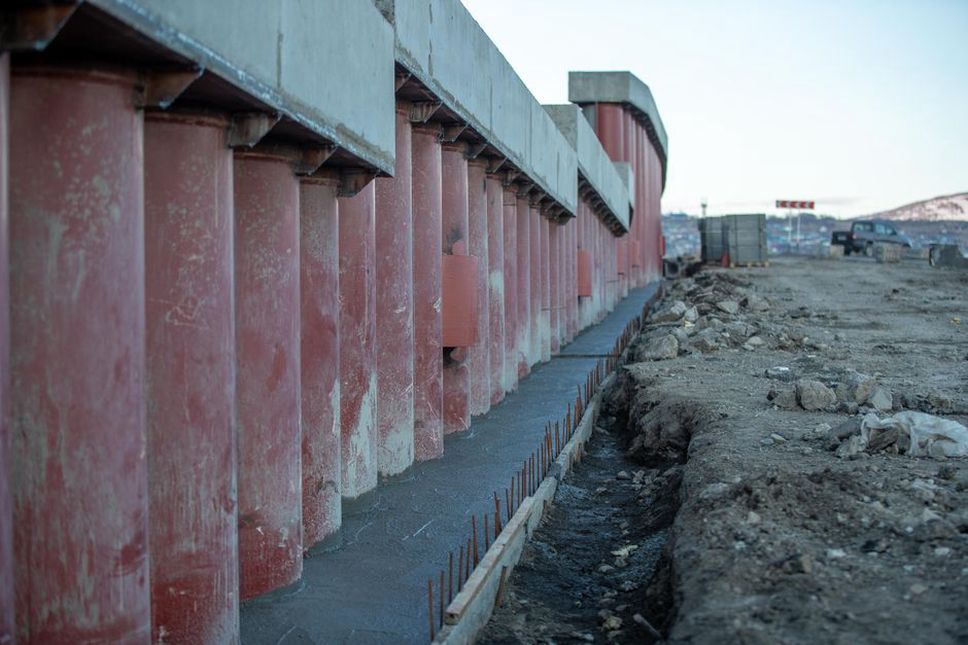 Reinforcement cage being installed for a bridge drilled shaft