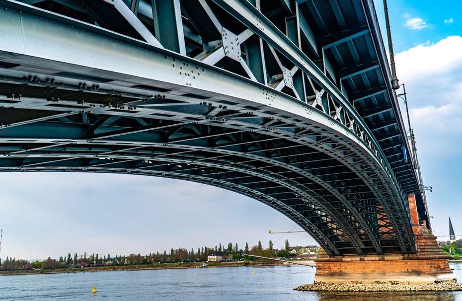 Drone survey of a steel truss and river pier