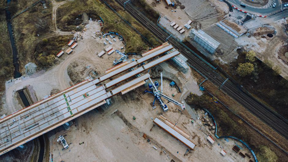 Survey drone above a railway bridge approach