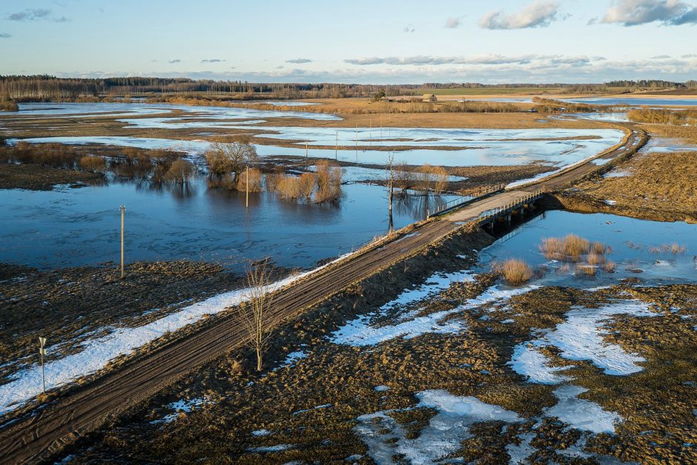 Rail embankment crossing low-lying wetland terrain