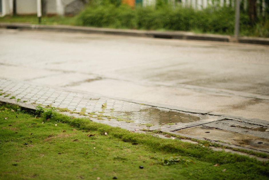 Wet ground beside a railway embankment